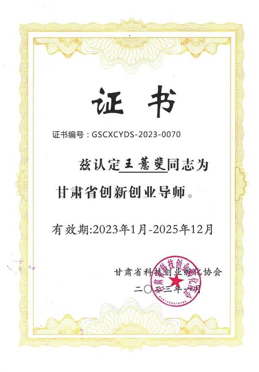 王薏斐 甘肃省科技创业孵化协会 创新创业导师认定证书